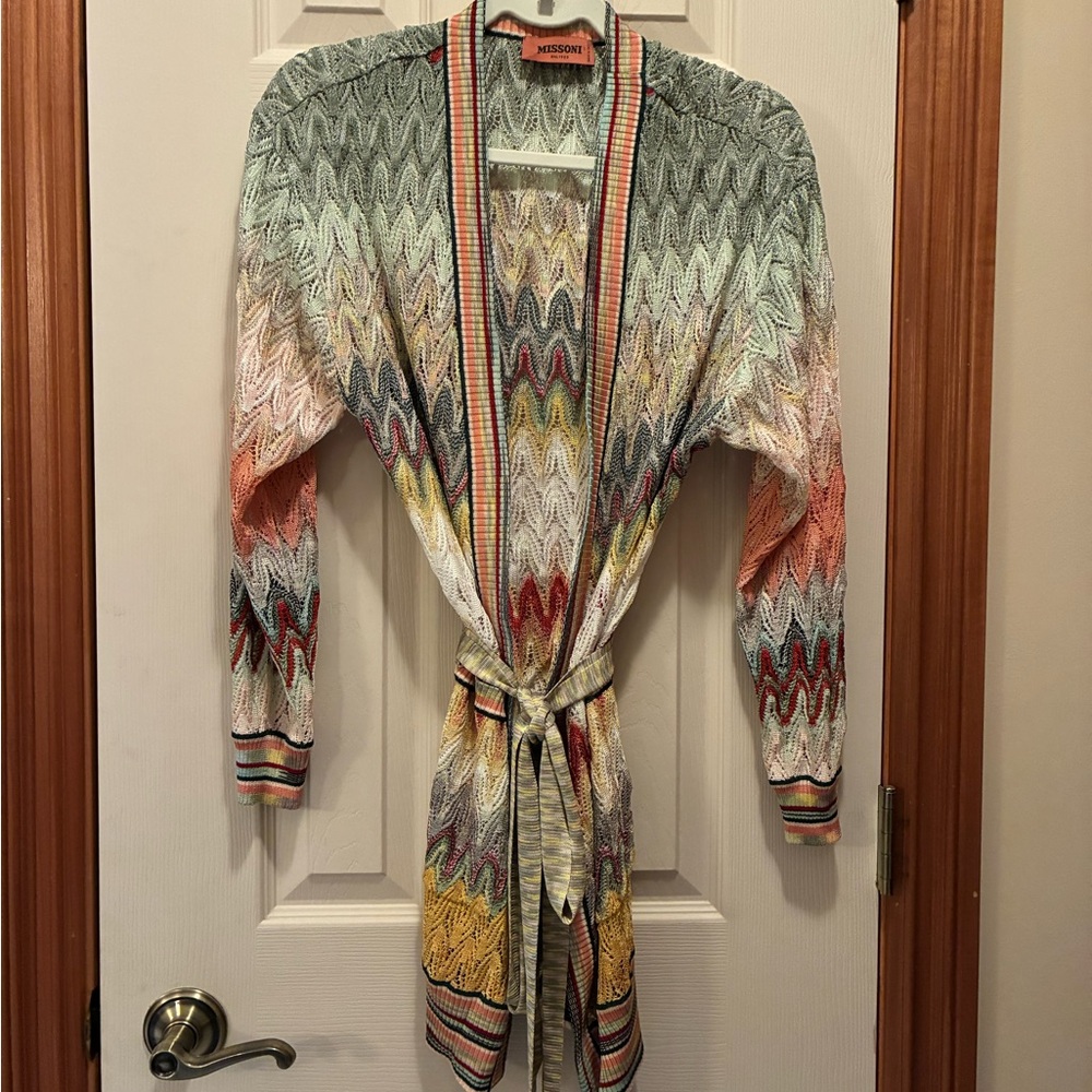 Missoni Multicolor Wave Knit Belted Cardigan - Coral, Yellow, Blue, Gray, Cream